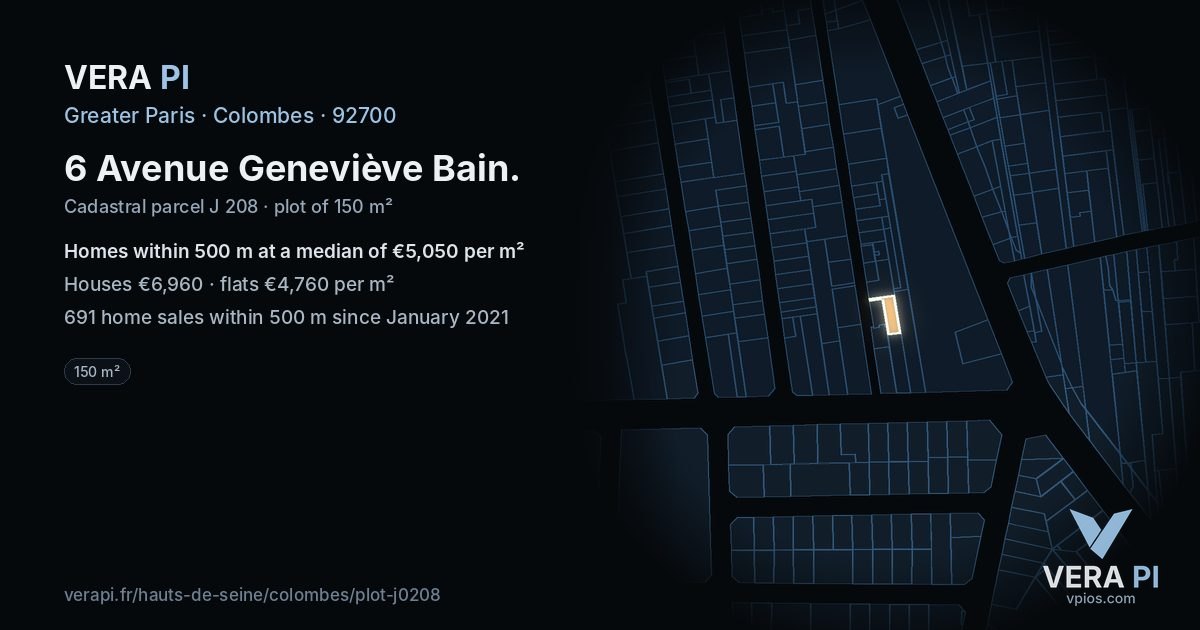 6 Avenue Geneviève Bain, Colombes at night – the plot lit, the parcels around coloured by the prices near them