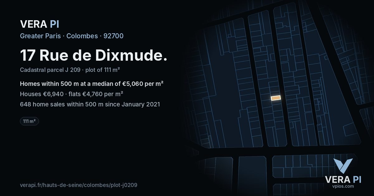 17 Rue de Dixmude, Colombes at night – the plot lit, the parcels around coloured by the prices near them
