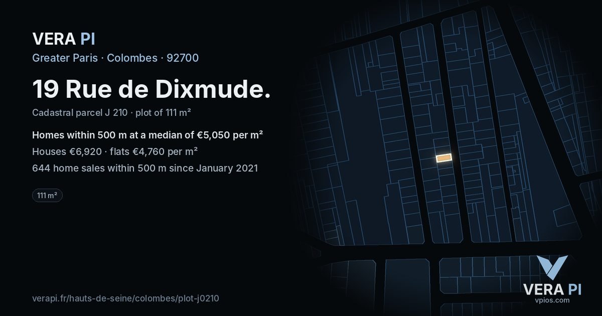 19 Rue de Dixmude, Colombes at night – the plot lit, the parcels around coloured by the prices near them
