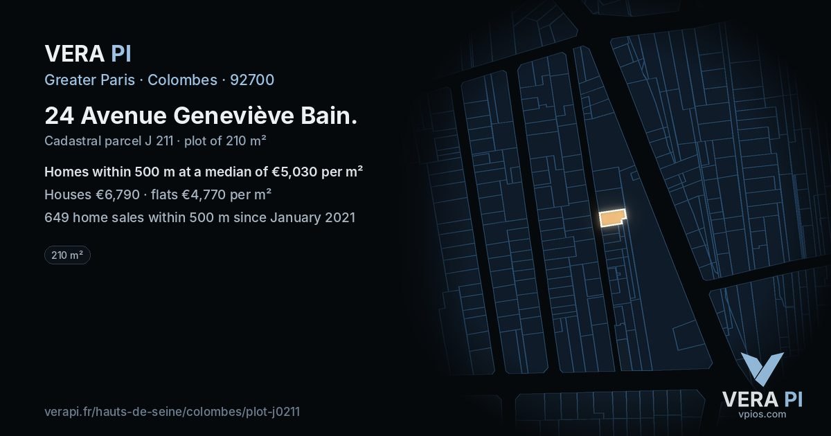 24 Avenue Geneviève Bain, Colombes at night – the plot lit, the parcels around coloured by the prices near them