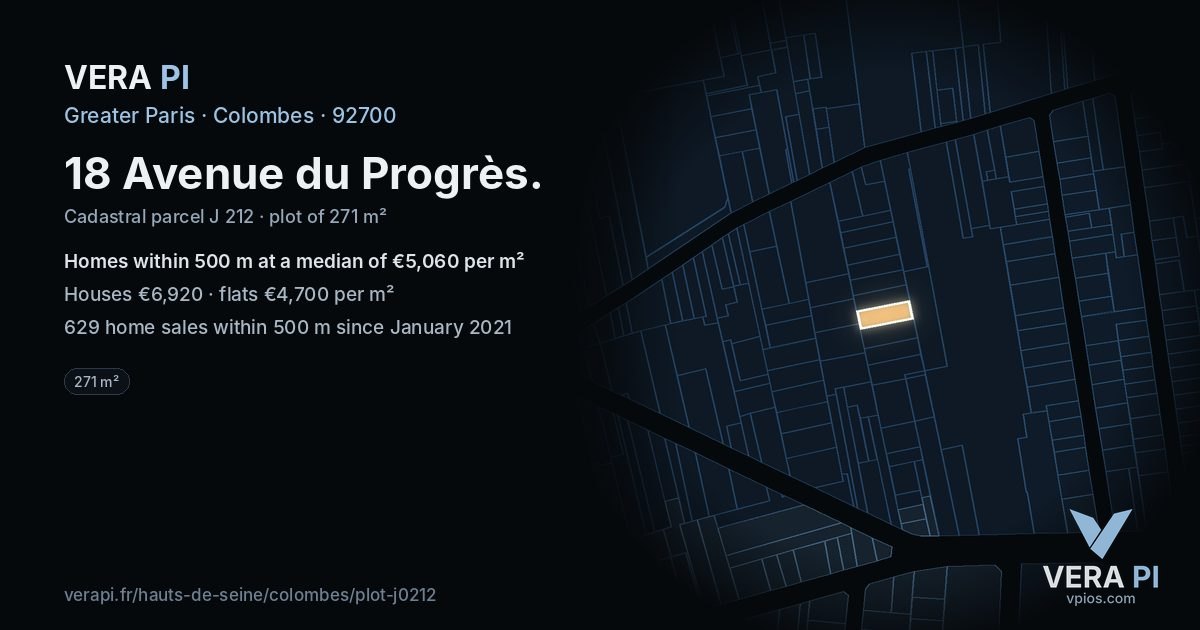18 Avenue du Progrès, Colombes at night – the plot lit, the parcels around coloured by the prices near them
