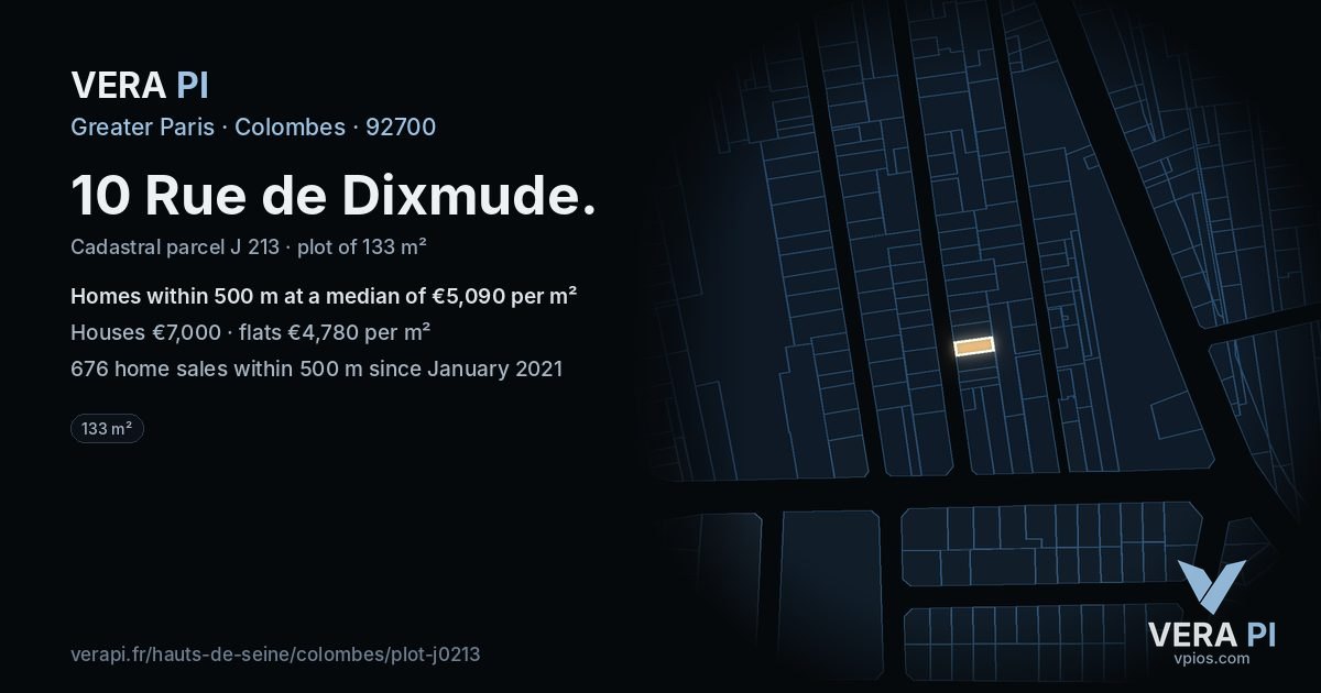 10 Rue de Dixmude, Colombes at night – the plot lit, the parcels around coloured by the prices near them