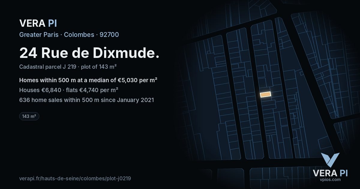 24 Rue de Dixmude, Colombes at night – the plot lit, the parcels around coloured by the prices near them