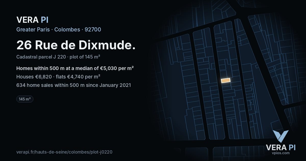 26 Rue de Dixmude, Colombes at night – the plot lit, the parcels around coloured by the prices near them