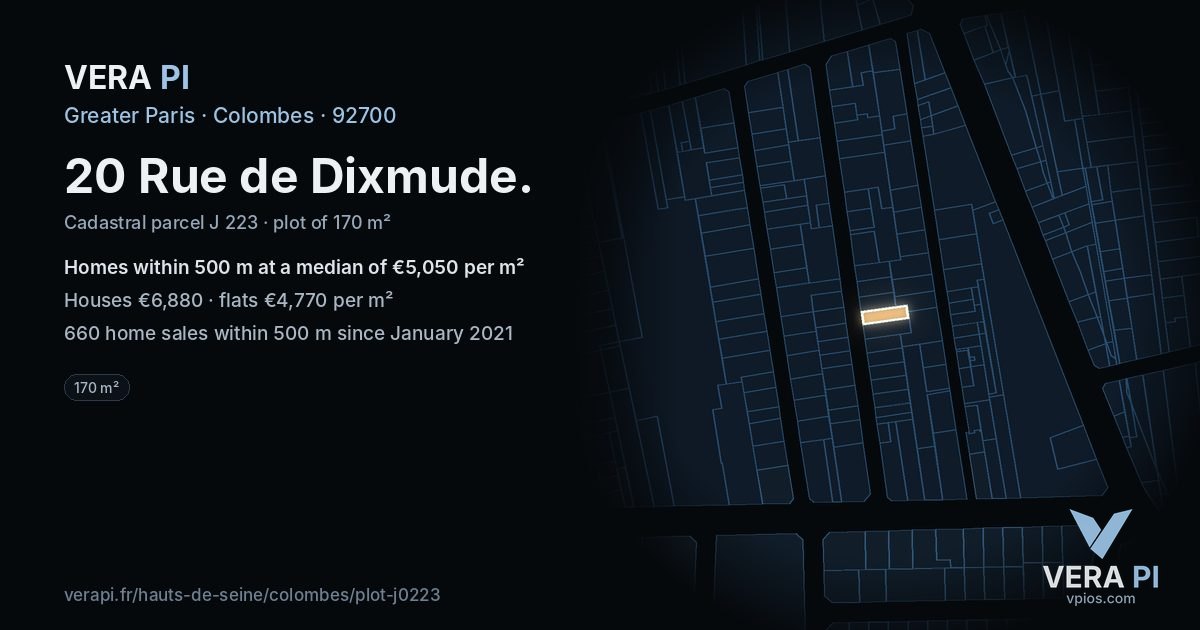 20 Rue de Dixmude, Colombes at night – the plot lit, the parcels around coloured by the prices near them