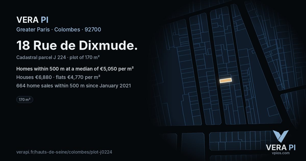18 Rue de Dixmude, Colombes at night – the plot lit, the parcels around coloured by the prices near them
