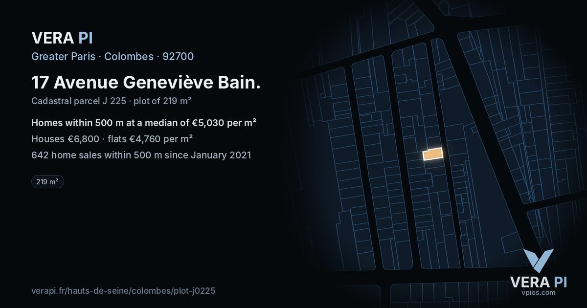 17 Avenue Geneviève Bain, Colombes at night – the plot lit, the parcels around coloured by the prices near them