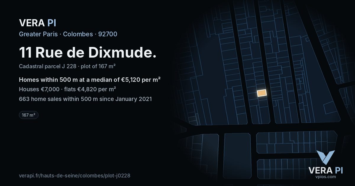 11 Rue de Dixmude, Colombes at night – the plot lit, the parcels around coloured by the prices near them