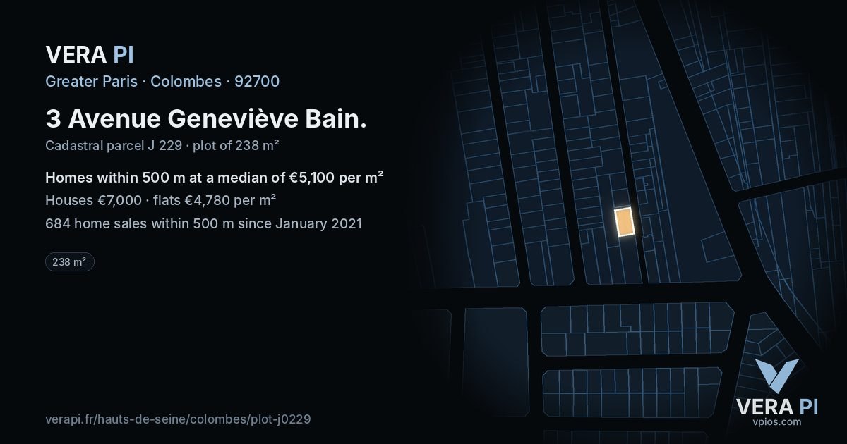 3 Avenue Geneviève Bain, Colombes at night – the plot lit, the parcels around coloured by the prices near them