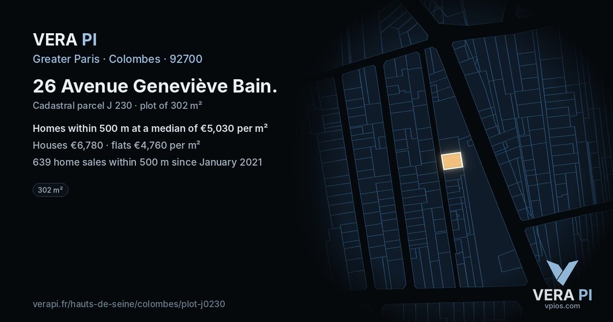 26 Avenue Geneviève Bain, Colombes at night – the plot lit, the parcels around coloured by the prices near them