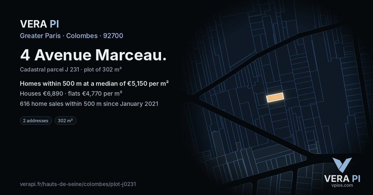4 Avenue Marceau, Colombes at night – the plot lit, the parcels around coloured by the prices near them