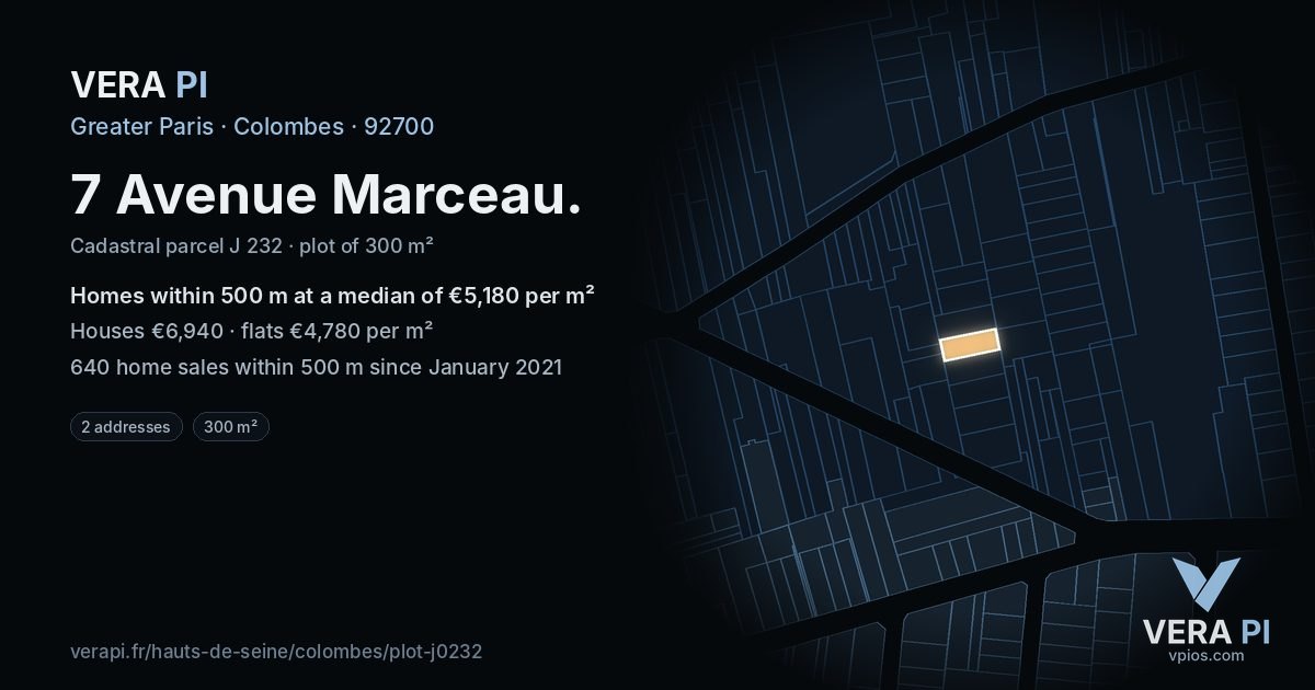 7 Avenue Marceau, Colombes at night – the plot lit, the parcels around coloured by the prices near them
