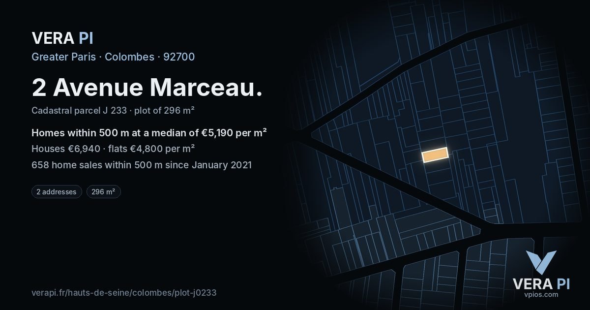 2 Avenue Marceau, Colombes at night – the plot lit, the parcels around coloured by the prices near them