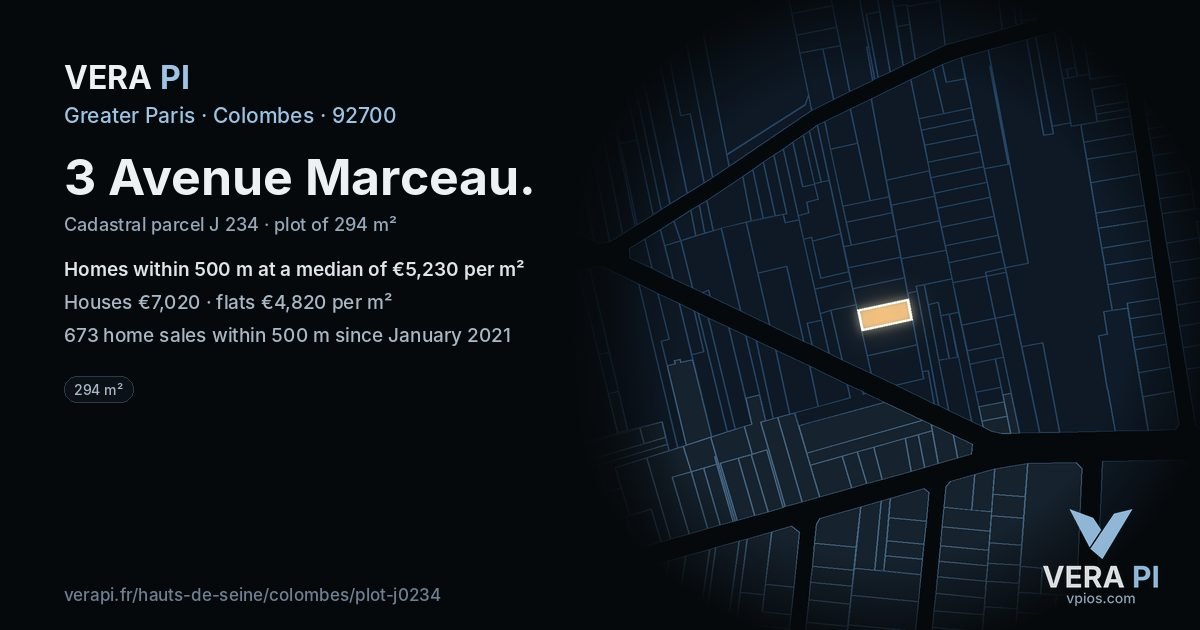 3 Avenue Marceau, Colombes at night – the plot lit, the parcels around coloured by the prices near them