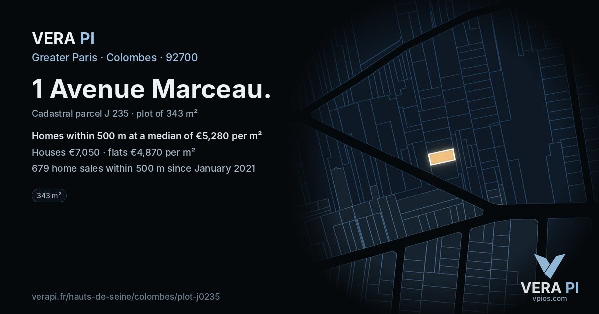 1 Avenue Marceau, Colombes at night – the plot lit, the parcels around coloured by the prices near them