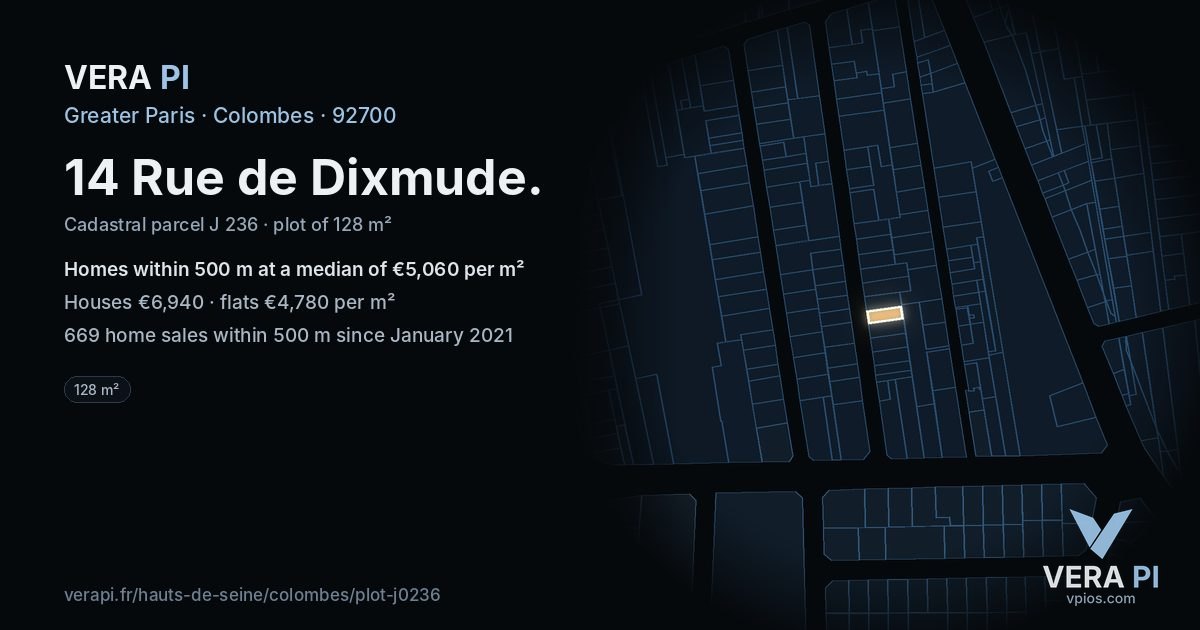 14 Rue de Dixmude, Colombes at night – the plot lit, the parcels around coloured by the prices near them
