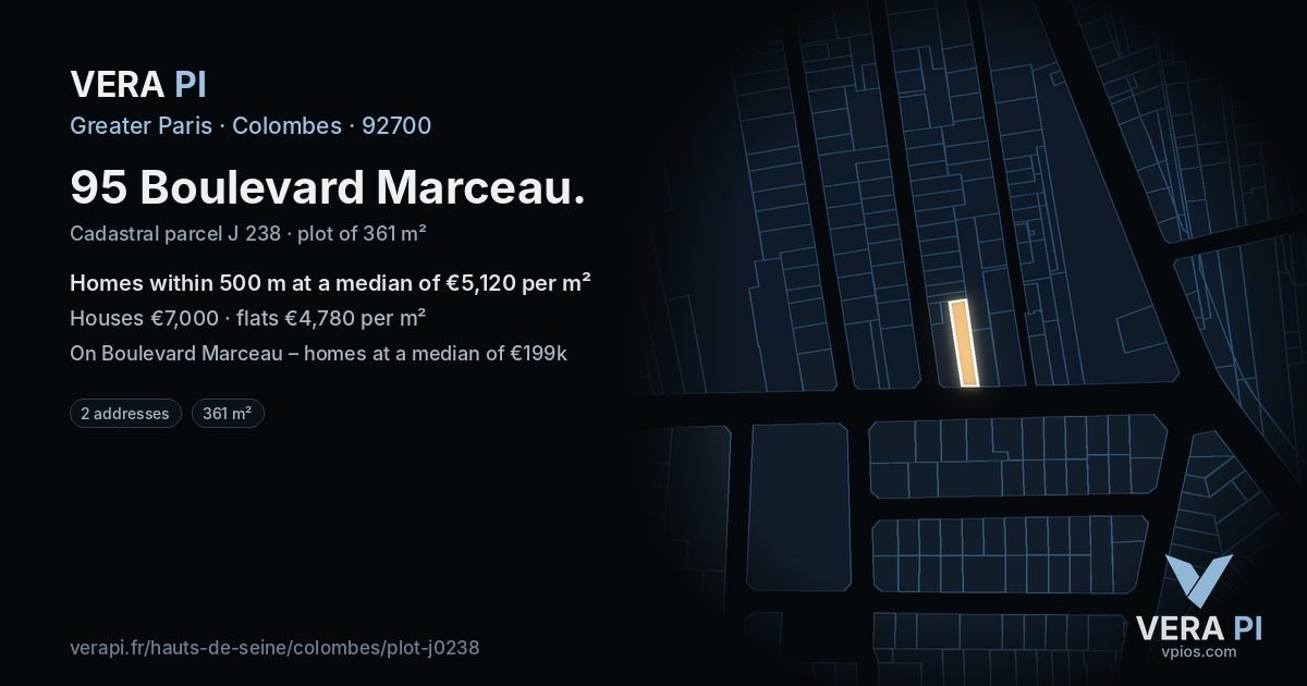 95 Boulevard Marceau, Colombes at night – the plot lit, the parcels around coloured by the prices near them