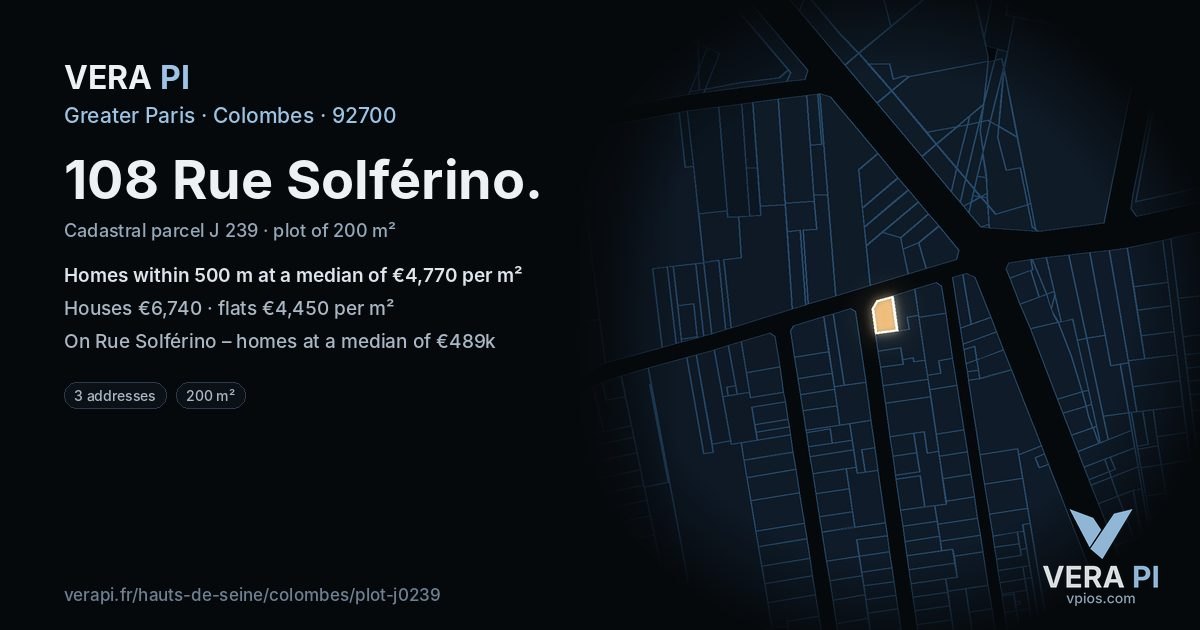 108 Rue Solférino, Colombes at night – the plot lit, the parcels around coloured by the prices near them