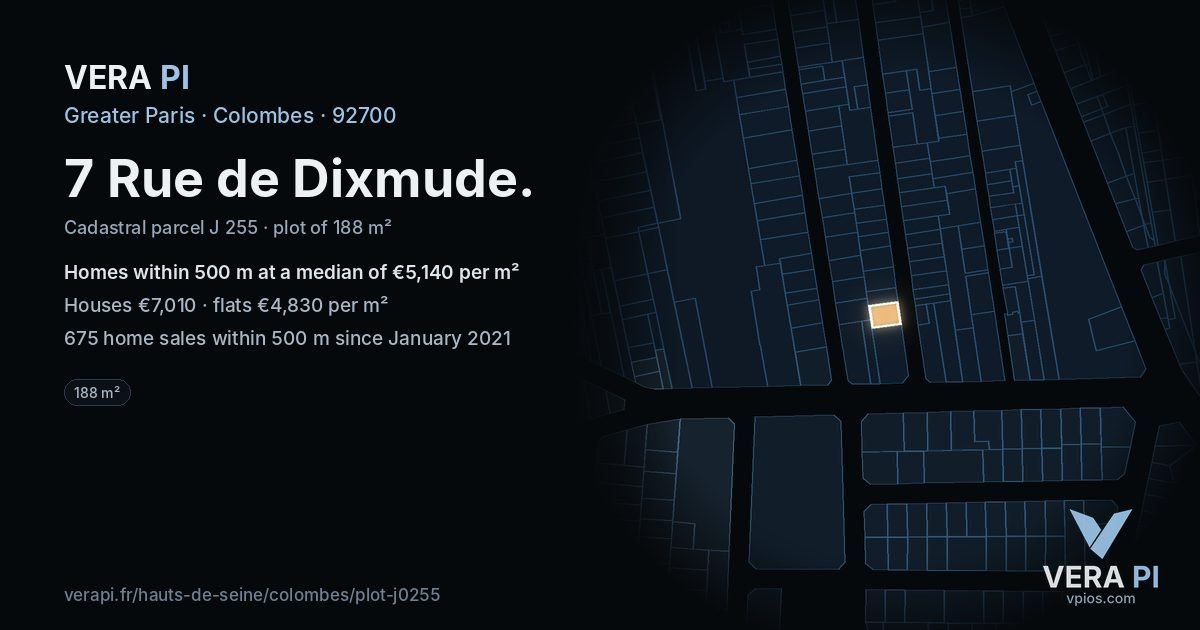 7 Rue de Dixmude, Colombes at night – the plot lit, the parcels around coloured by the prices near them