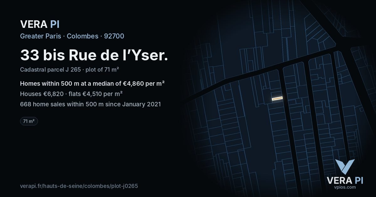 33 bis Rue de l’Yser, Colombes at night – the plot lit, the parcels around coloured by the prices near them