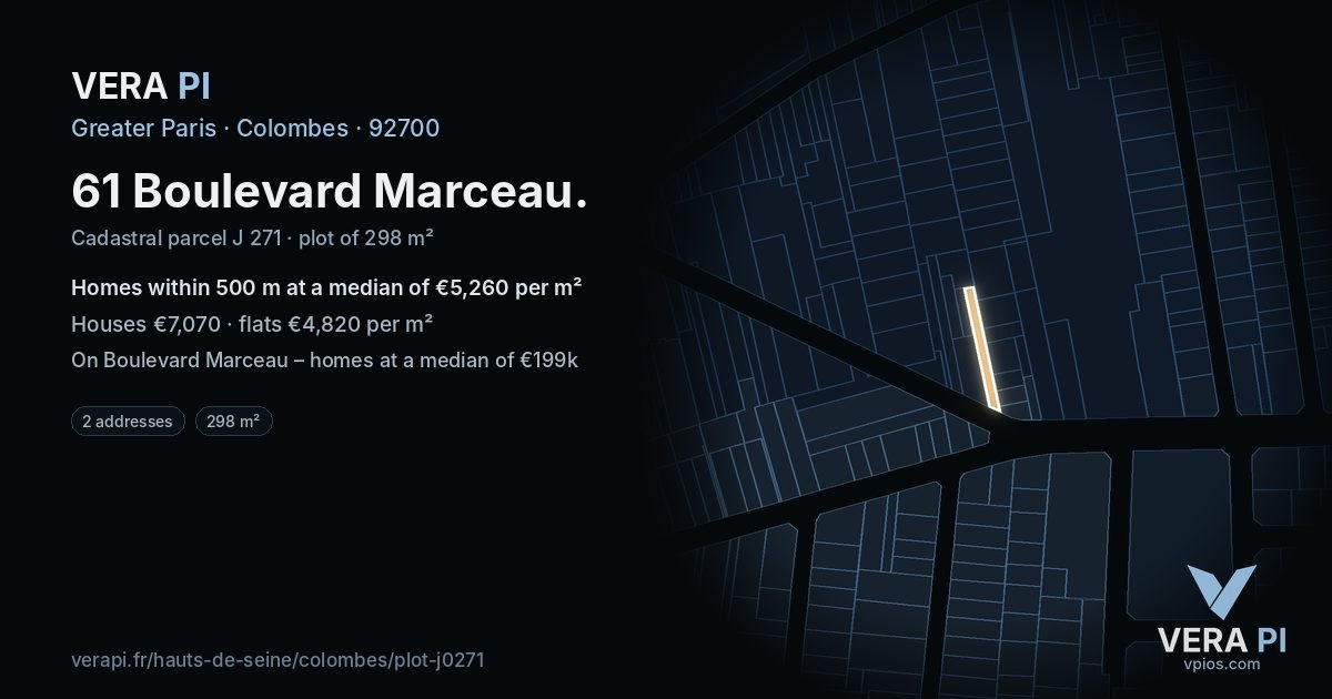 61 Boulevard Marceau, Colombes at night – the plot lit, the parcels around coloured by the prices near them