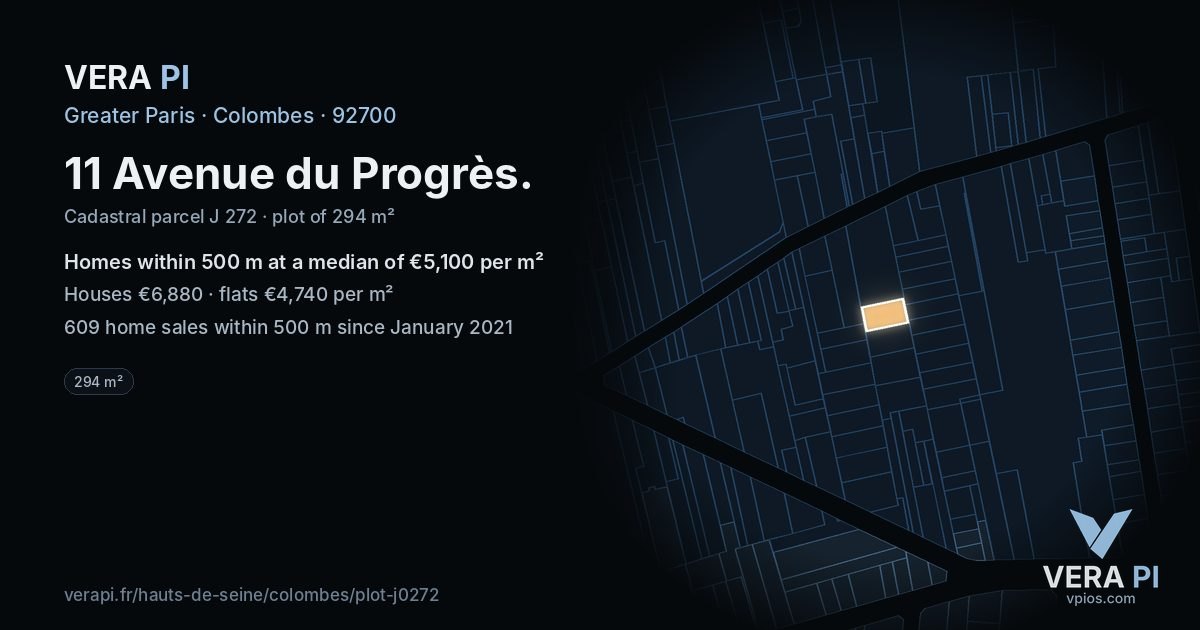 11 Avenue du Progrès, Colombes at night – the plot lit, the parcels around coloured by the prices near them