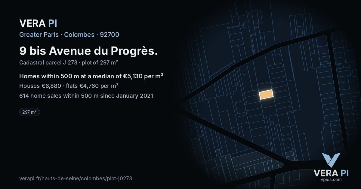 9 bis Avenue du Progrès, Colombes at night – the plot lit, the parcels around coloured by the prices near them