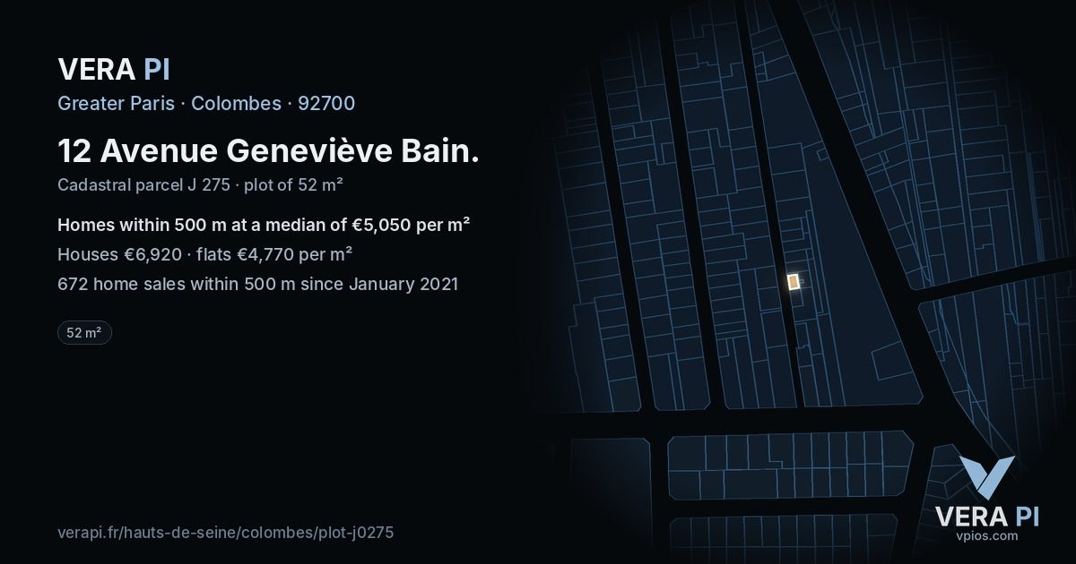 12 Avenue Geneviève Bain, Colombes at night – the plot lit, the parcels around coloured by the prices near them