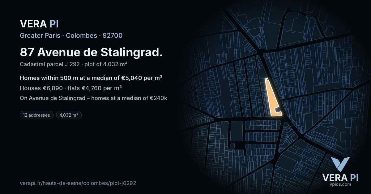 87 Avenue de Stalingrad, Colombes at night – the plot lit, the parcels around coloured by the prices near them
