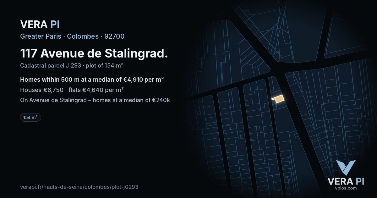 117 Avenue de Stalingrad, Colombes at night – the plot lit, the parcels around coloured by the prices near them