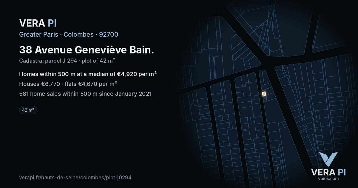 38 Avenue Geneviève Bain, Colombes at night – the plot lit, the parcels around coloured by the prices near them