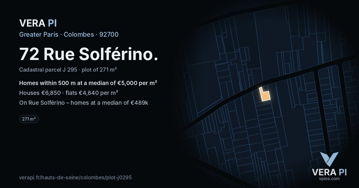 72 Rue Solférino, Colombes at night – the plot lit, the parcels around coloured by the prices near them