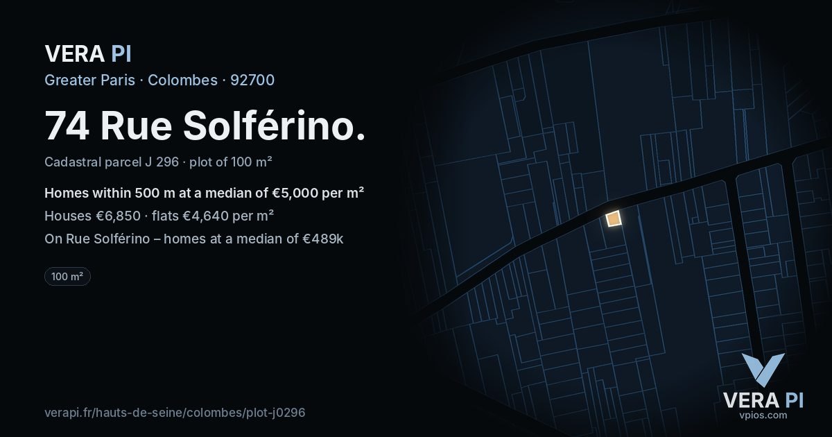 74 Rue Solférino, Colombes at night – the plot lit, the parcels around coloured by the prices near them