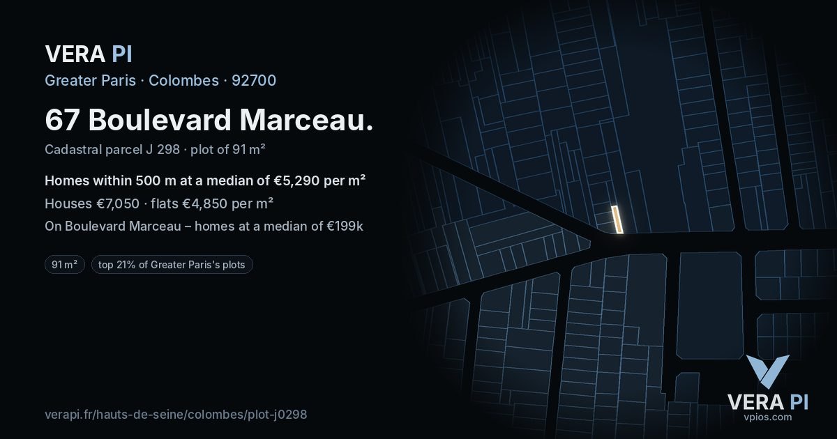 67 Boulevard Marceau, Colombes at night – the plot lit, the parcels around coloured by the prices near them