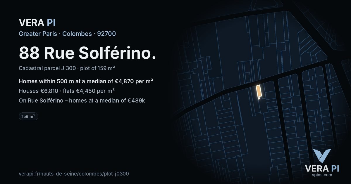 88 Rue Solférino, Colombes at night – the plot lit, the parcels around coloured by the prices near them