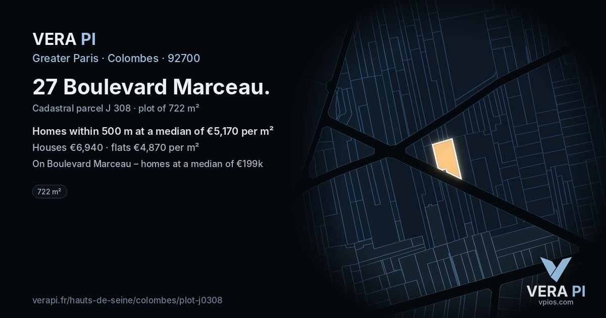 27 Boulevard Marceau, Colombes at night – the plot lit, the parcels around coloured by the prices near them
