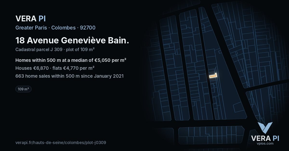 18 Avenue Geneviève Bain, Colombes at night – the plot lit, the parcels around coloured by the prices near them