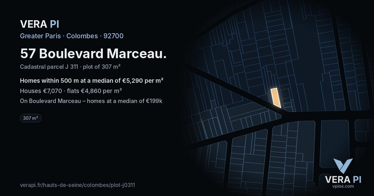 57 Boulevard Marceau, Colombes at night – the plot lit, the parcels around coloured by the prices near them