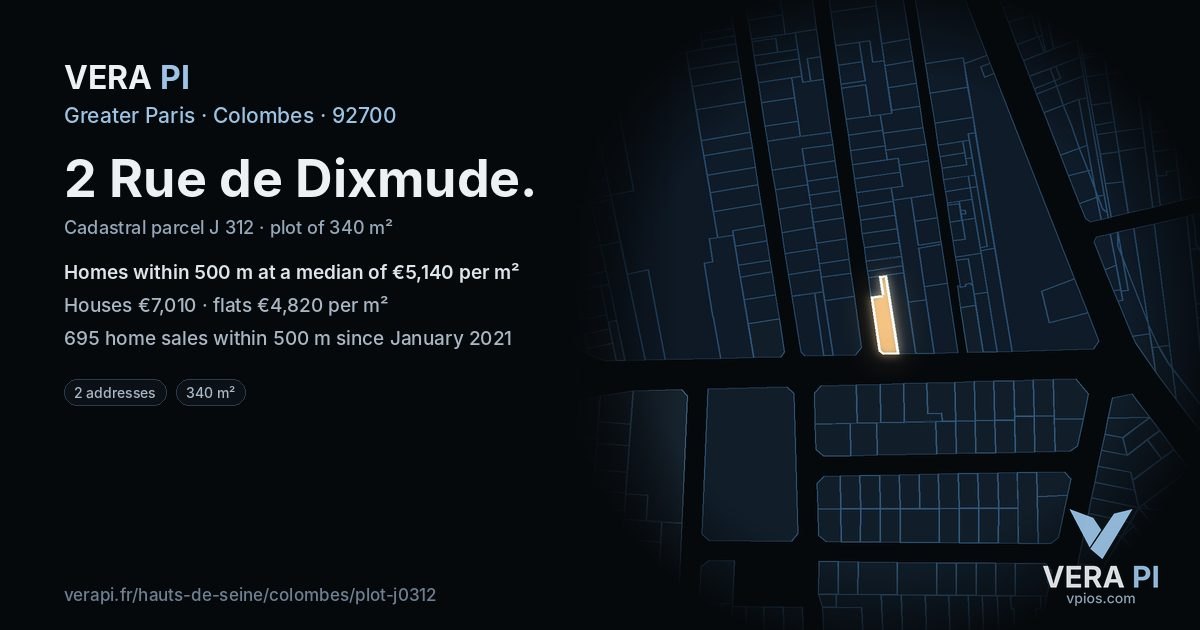 2 Rue de Dixmude, Colombes at night – the plot lit, the parcels around coloured by the prices near them