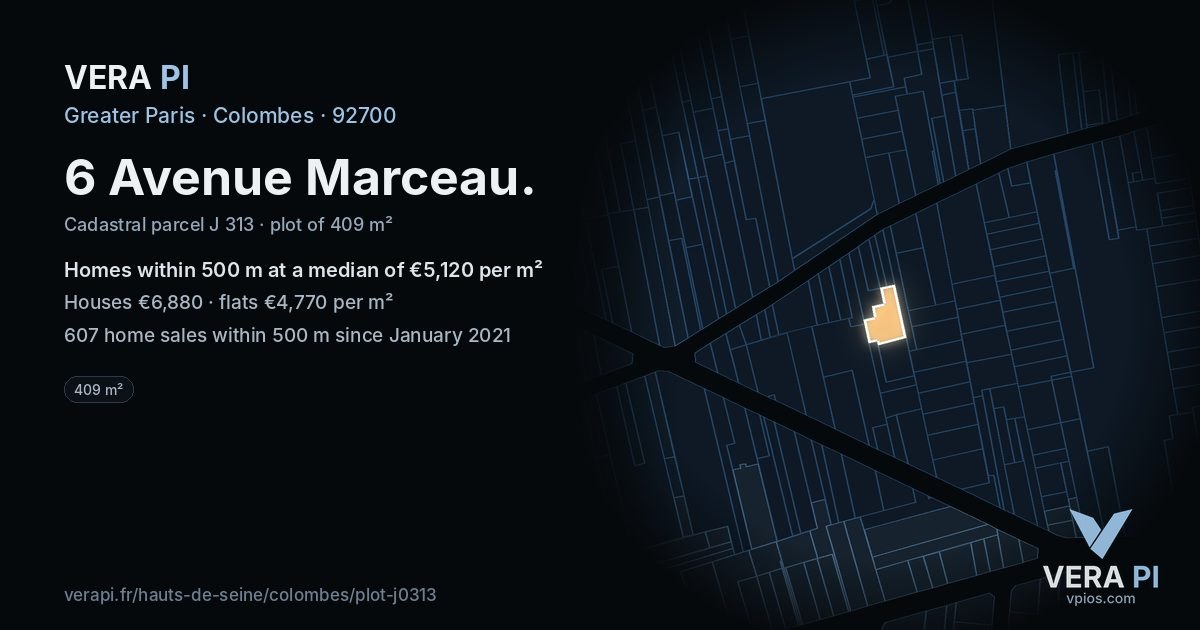 6 Avenue Marceau, Colombes at night – the plot lit, the parcels around coloured by the prices near them
