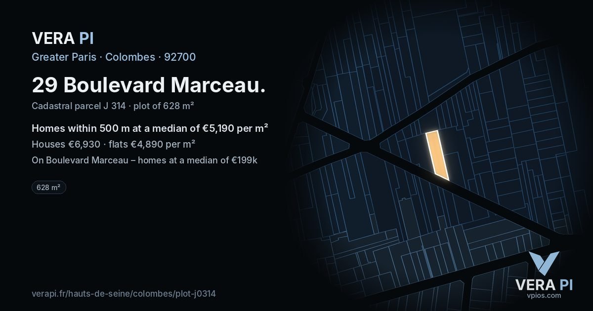 29 Boulevard Marceau, Colombes at night – the plot lit, the parcels around coloured by the prices near them