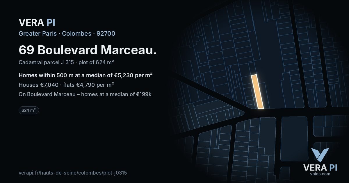 69 Boulevard Marceau, Colombes at night – the plot lit, the parcels around coloured by the prices near them
