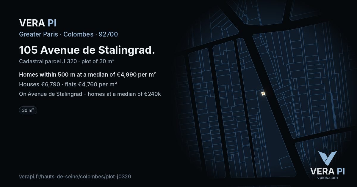105 Avenue de Stalingrad, Colombes at night – the plot lit, the parcels around coloured by the prices near them