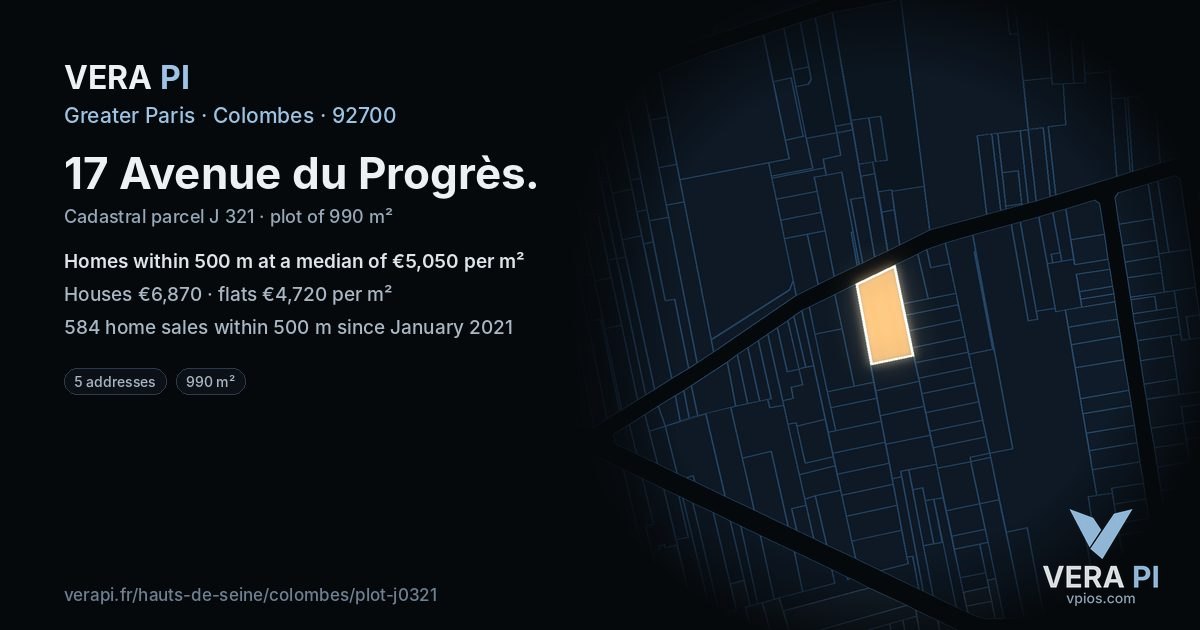 17 Avenue du Progrès, Colombes at night – the plot lit, the parcels around coloured by the prices near them