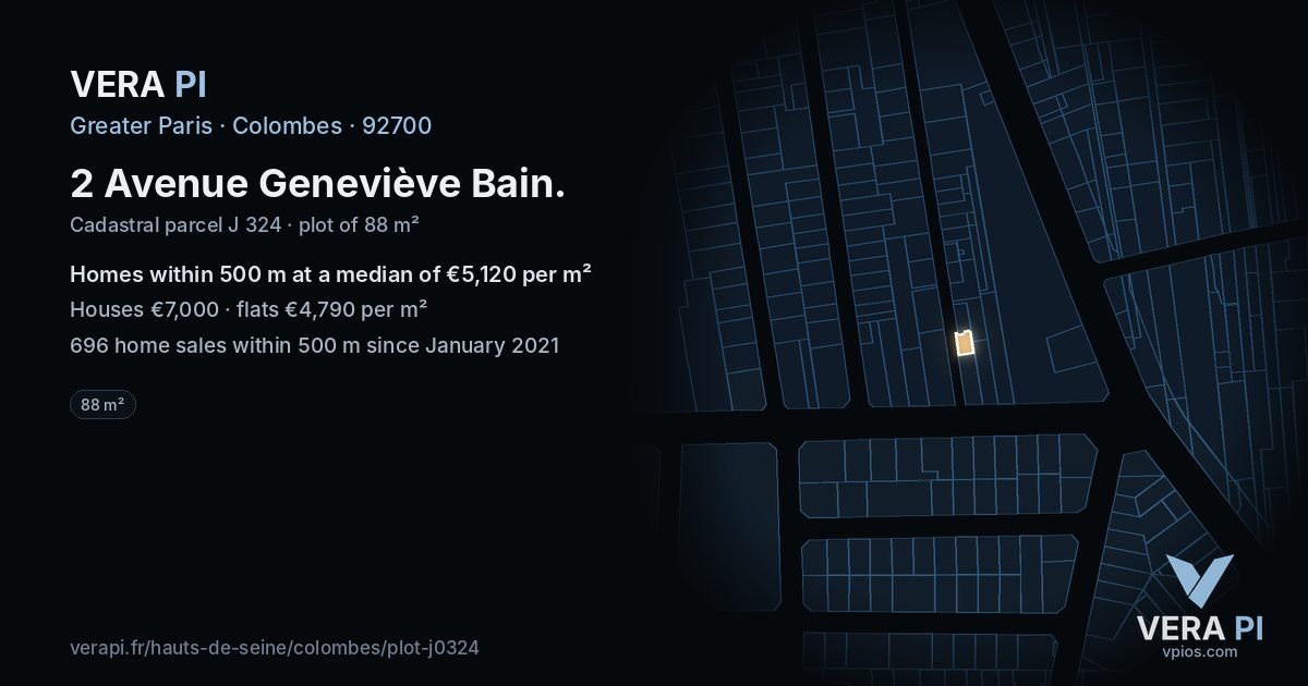 2 Avenue Geneviève Bain, Colombes at night – the plot lit, the parcels around coloured by the prices near them
