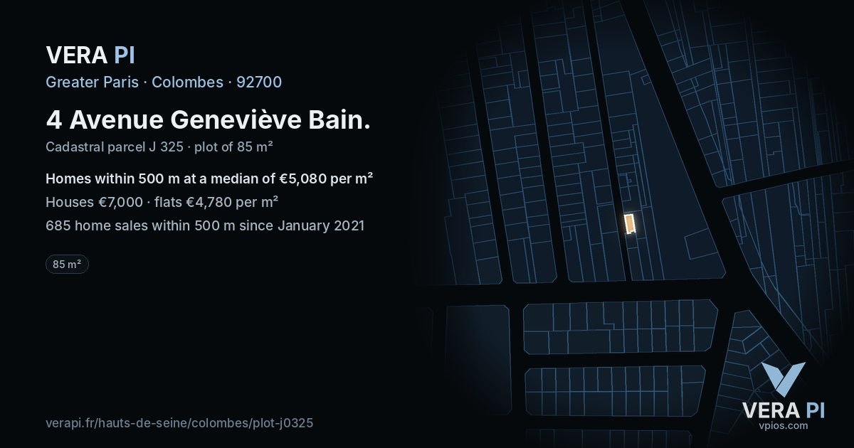 4 Avenue Geneviève Bain, Colombes at night – the plot lit, the parcels around coloured by the prices near them