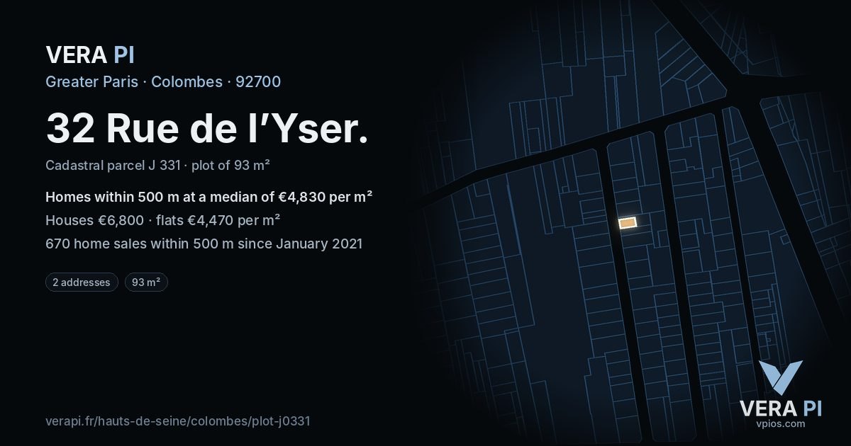 32 Rue de l’Yser, Colombes at night – the plot lit, the parcels around coloured by the prices near them