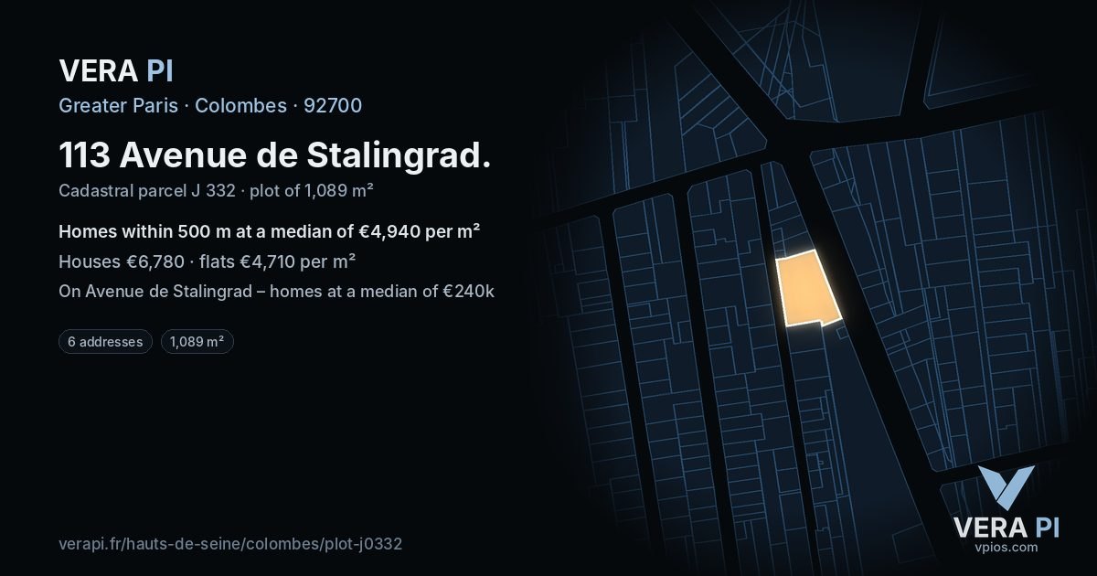 113 Avenue de Stalingrad, Colombes at night – the plot lit, the parcels around coloured by the prices near them