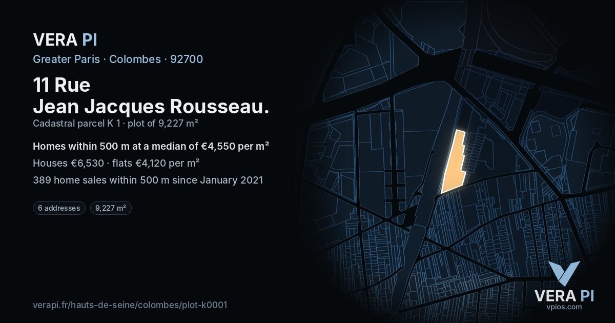 11 Rue Jean Jacques Rousseau, Colombes at night – the plot lit, the parcels around coloured by the prices near them