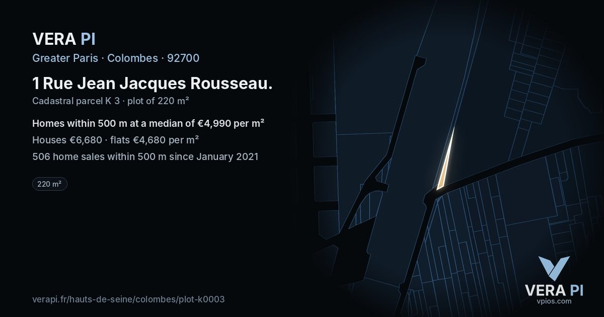 1 Rue Jean Jacques Rousseau, Colombes at night – the plot lit, the parcels around coloured by the prices near them